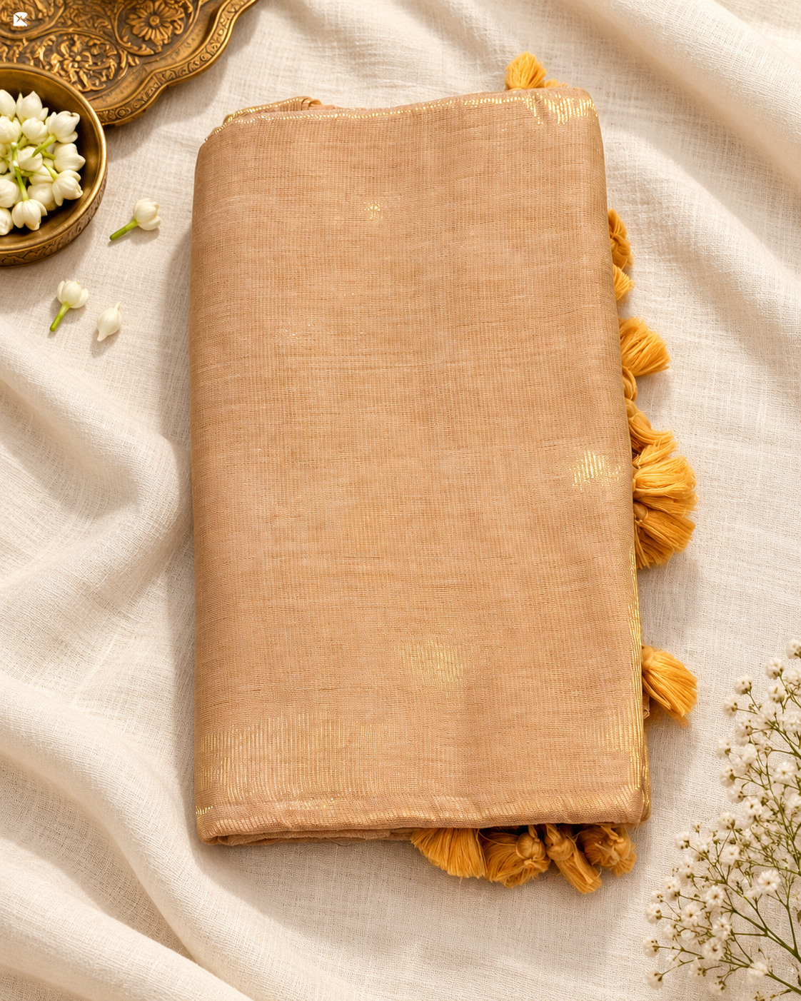 Beige Mul Cotton Saree