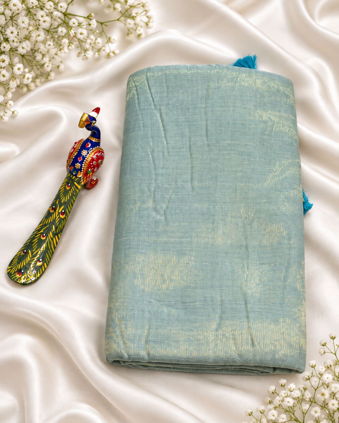 Pastel Blue Mul Cotton Saree