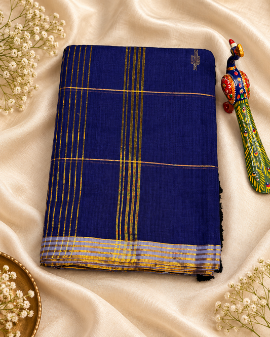 Navy Blue Mul Cotton Saree