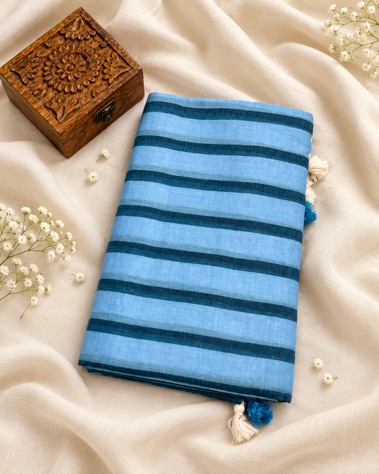 Light Blue and Yellow Mul Cotton Saree