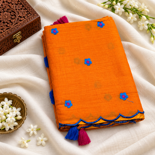 Orange Floral Embroidery Mul Cotton Saree