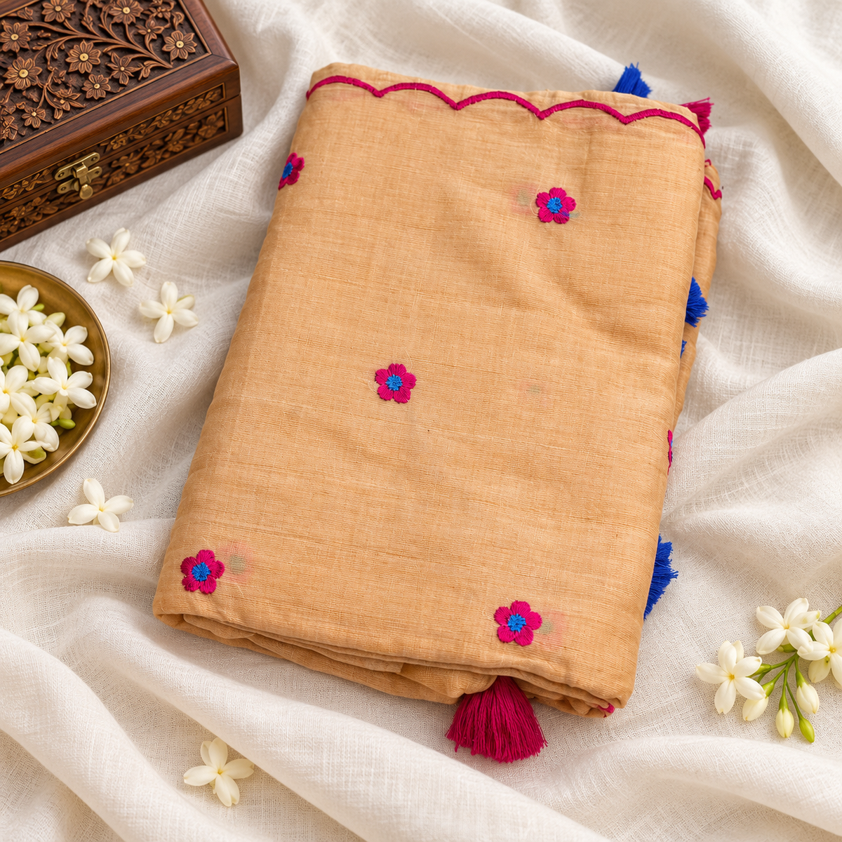 Soft Peach Small Floral Embroidery Mul Cotton Saree