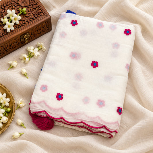 White Small Floral Embroidered Mul Cotton Saree