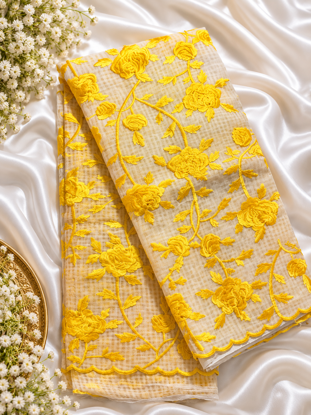 Off White and Yellow Pure Resham Saree