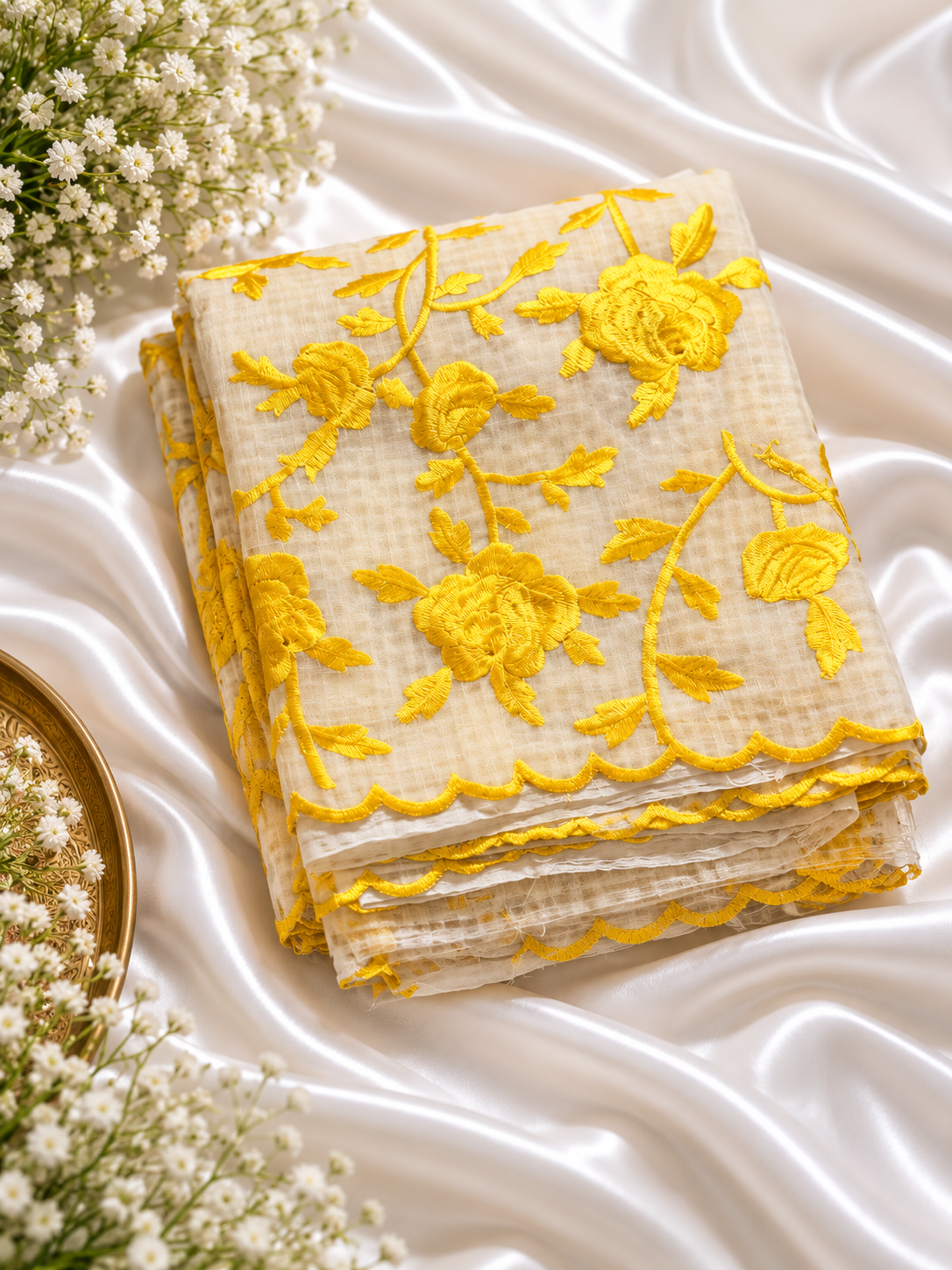 Off White and Yellow Pure Resham Saree