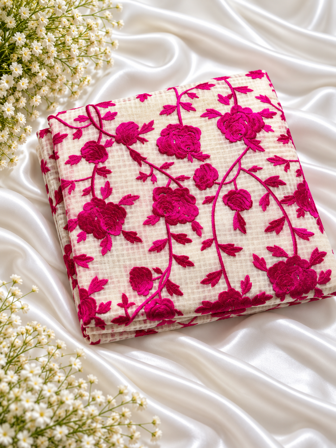 Off-white and Pink Pure Resham Saree