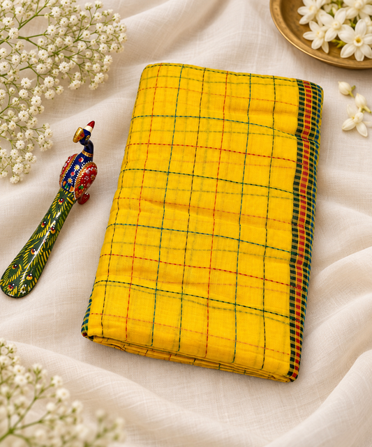 Yellow Kantha Stitch Cotton Saree