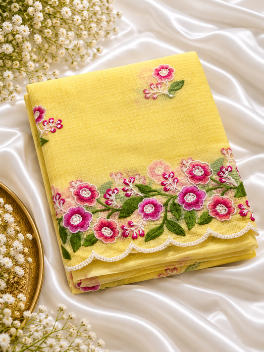 Light Yellow Scalloped Border Mix Kota Cotton Saree